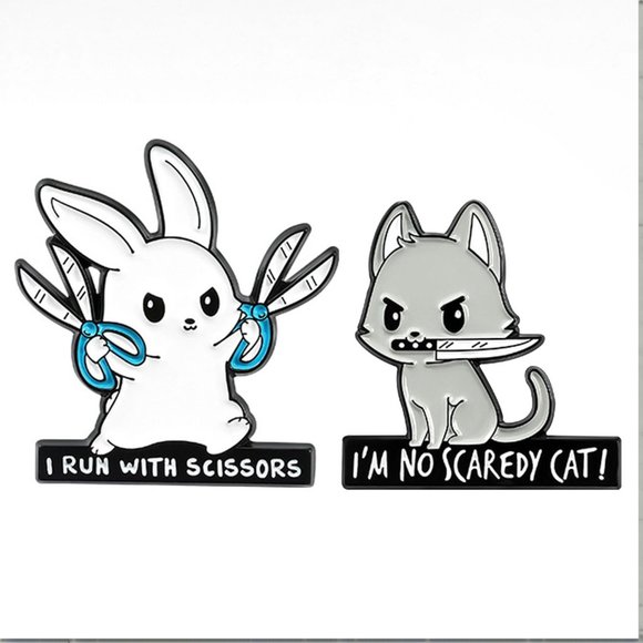 Metal and Enamel Alternative Bunny & Cat Set of Two Lapel Pins (New) - Picture 1 of 6